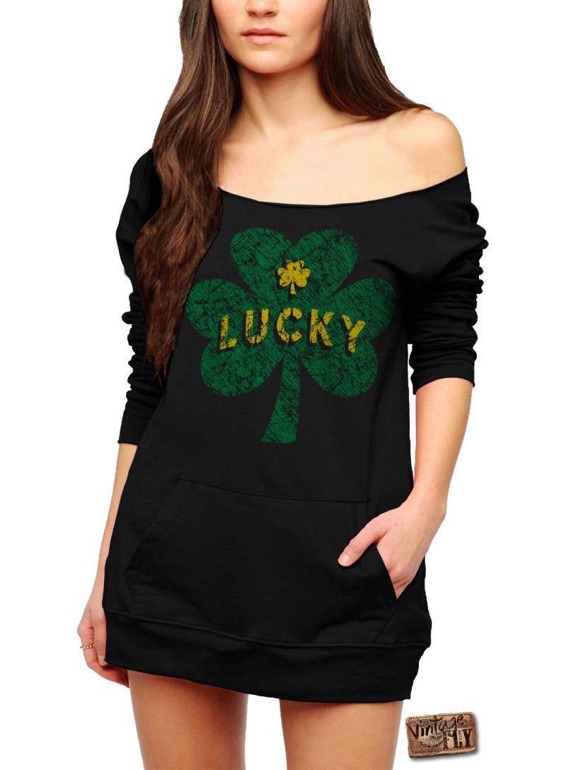 st Patricks Day - Lucky Shamrock Slouchy Pullover Mit Tasche Damenpullover Irish Shirt Damen Schwarz S 3x von Vintageflyclothingco