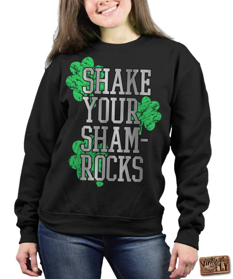 st Patricks Day Shirt - Crewneck Sweatshirt Shake Your Shamrocks Irish Damen Schwarz Und Wald S, Med, Groß, Xl, Xxl, 3X von Vintageflyclothingco