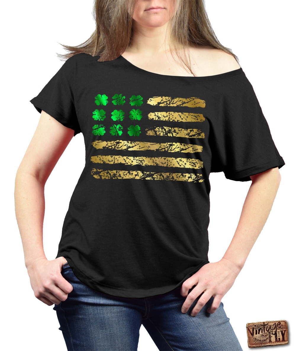 st Patricks Day Shirt - Damen Slouchy Irish American Flag Off The Shoulder in Schwarz Oder Weiß Xs Xxl von Vintageflyclothingco