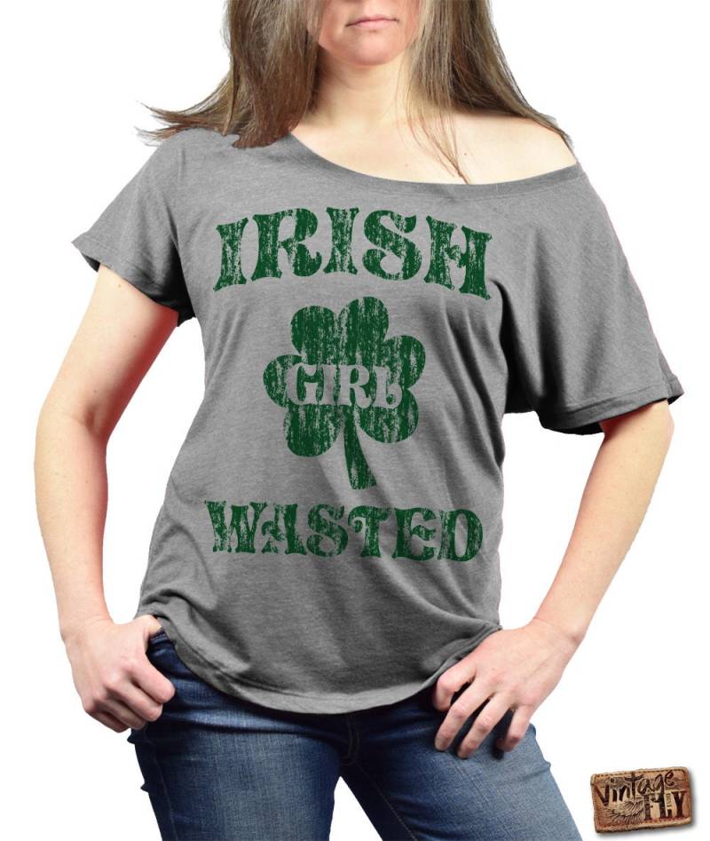 st Patricks Day Shirt - Irish Girl Wasted Damen Slouchy Tri Blend Off The Shoulder Grüne Tinte Xs Xxl von Vintageflyclothingco