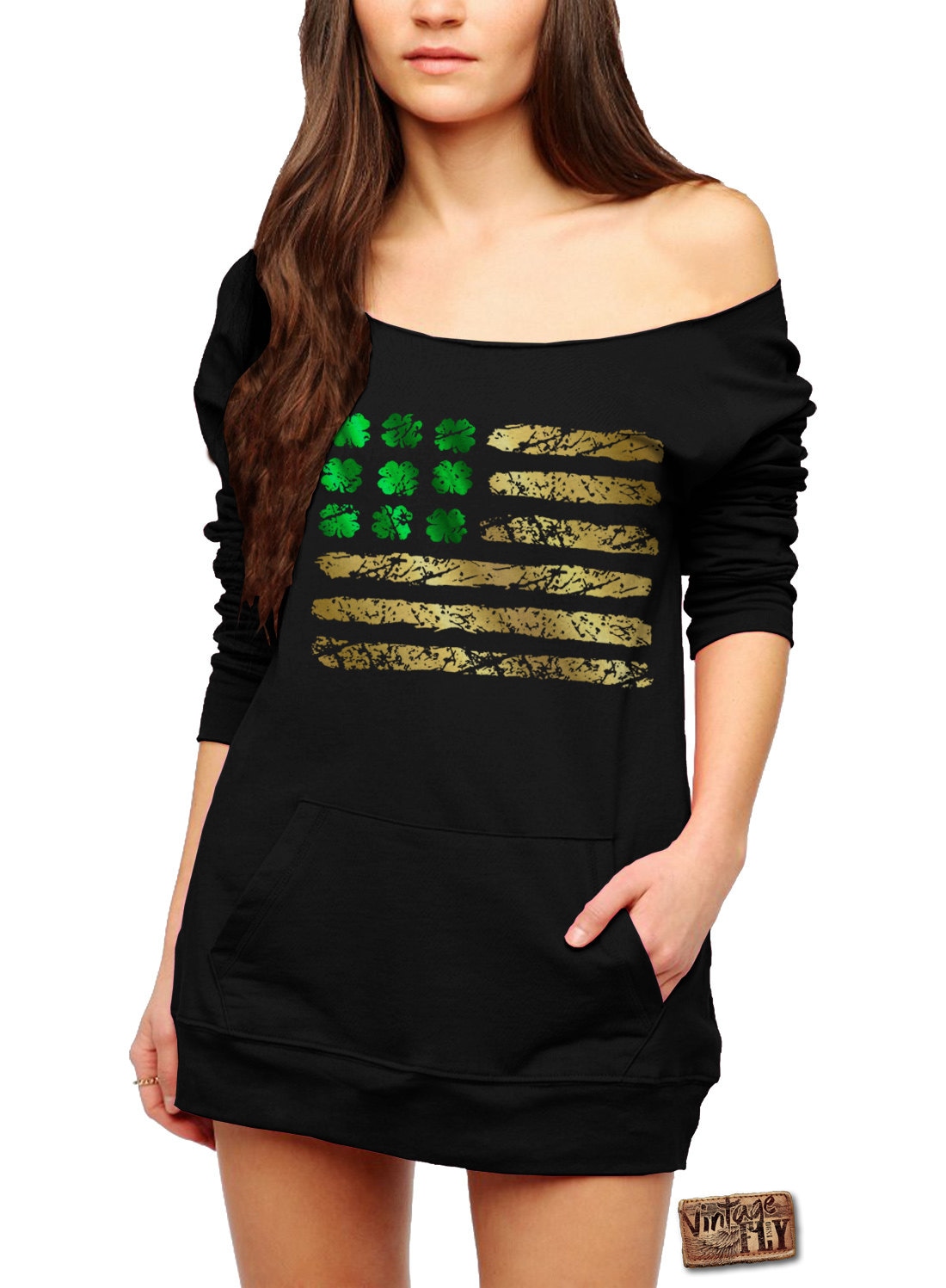 st Patricks Day Shirt - Slouchy Mit Tasche Irish Shirt Damen Sweatshirt Shamrock American Flag Grün & Gold Folie S-3x von Vintageflyclothingco