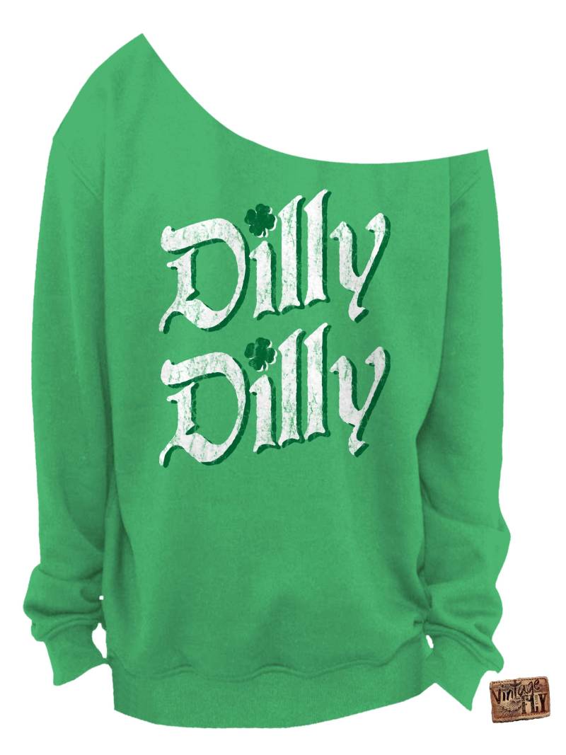st Patricks Day Sweater - Dilly Damen Slouchy Sweatshirt Off The Shoulder in Irish Green & Sports Grey Oversized-Größen S-3x von Vintageflyclothingco