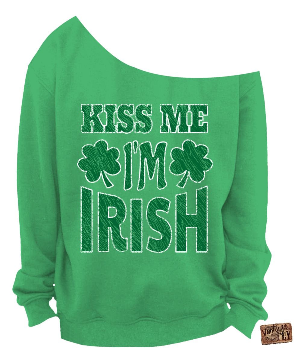 st Patricks Day - Sweatshirt Kiss Me I'm Irish Shirt Damen Off Shoulder Sweater Green, Sport Grey, & White S-3x von Vintageflyclothingco