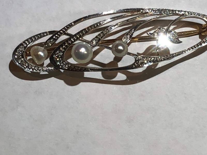 Schöne Echte Diamanten Perlen Massiv 14K Weiß Und Gelb Gold Brosche von Vintagegini