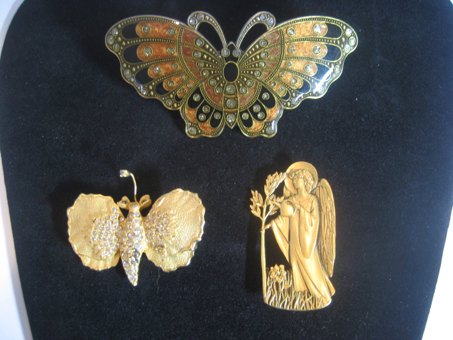 Seltene Vintage Philip Hulitar Gold Ton Strass Schmetterling Brosche Pin Plus Made in Frankreich-Haar-Clip Und Einem Anderen Gemarkt Aa von Vintagegini