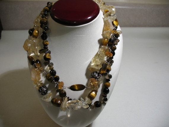 Citrin Und Tigerauge Edelstein Dreistrang Halskette, Sterling, Signiert T.j.t von Vintageisnow