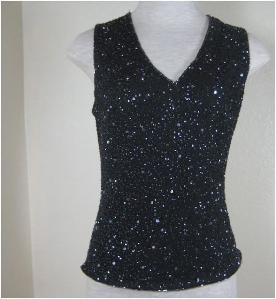Vintage Laurence Kazar Schwarz Perlen Schimmernd Glänzend Bluse Top Klein. Gr. 2 3 4 von Vintages727