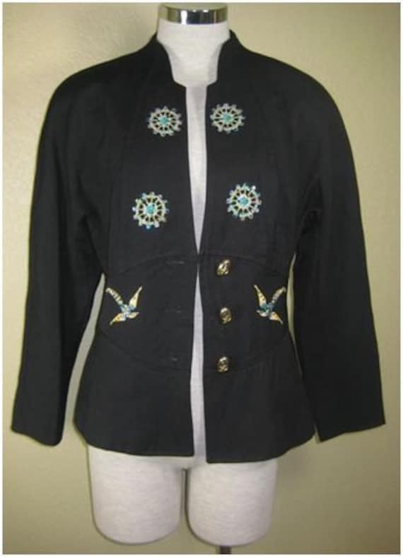 Vintage Roccobarocco Wolle Blazer Jacke Schwarz Perlen Gr 44 30 40 7 8 9 Made in Italy von Vintages727