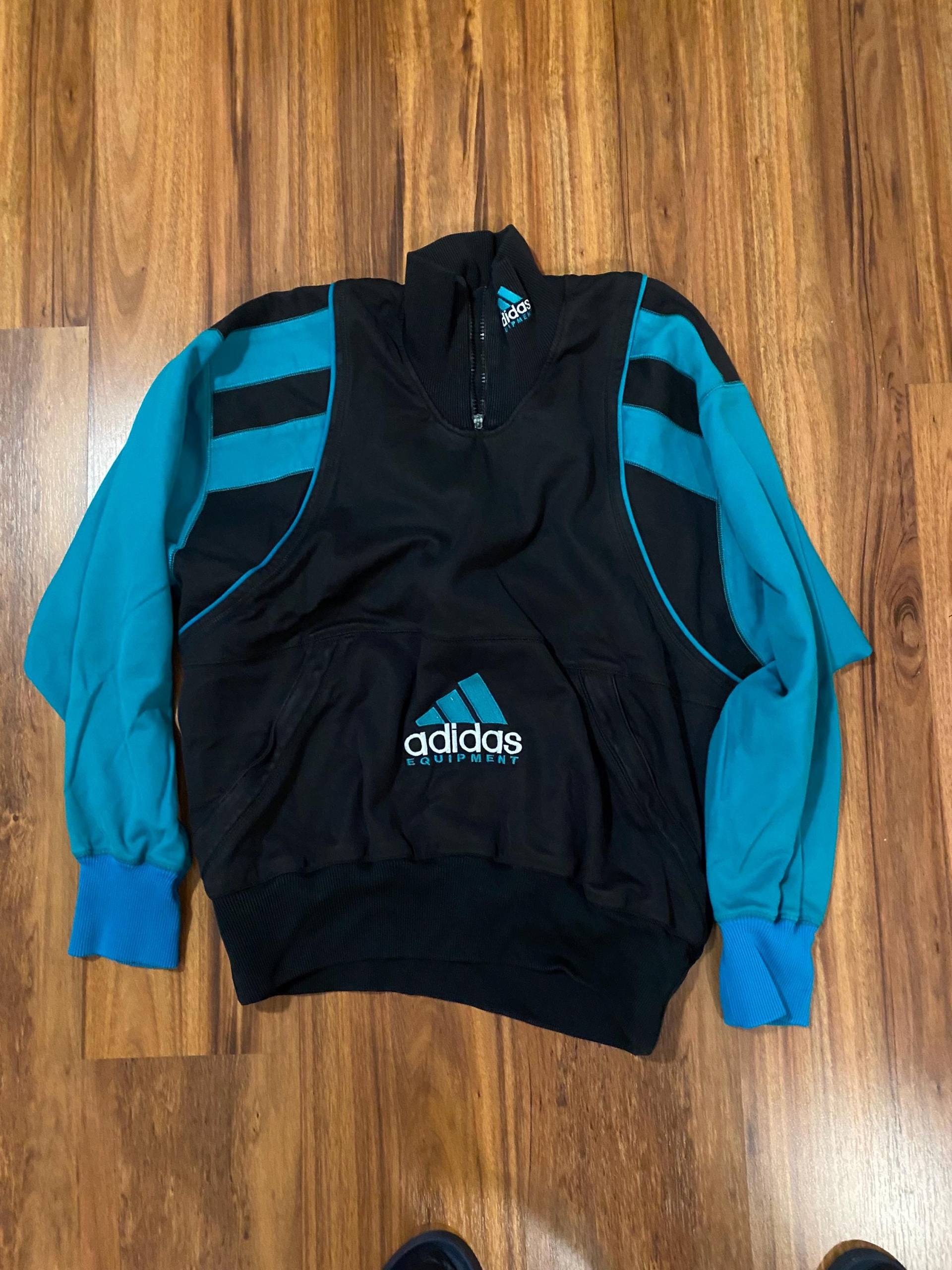 Vintage Adidas Equipment Sweater, Half-Zip, Gr. L, Retro, Grün Schwarz von Vintagesammlung