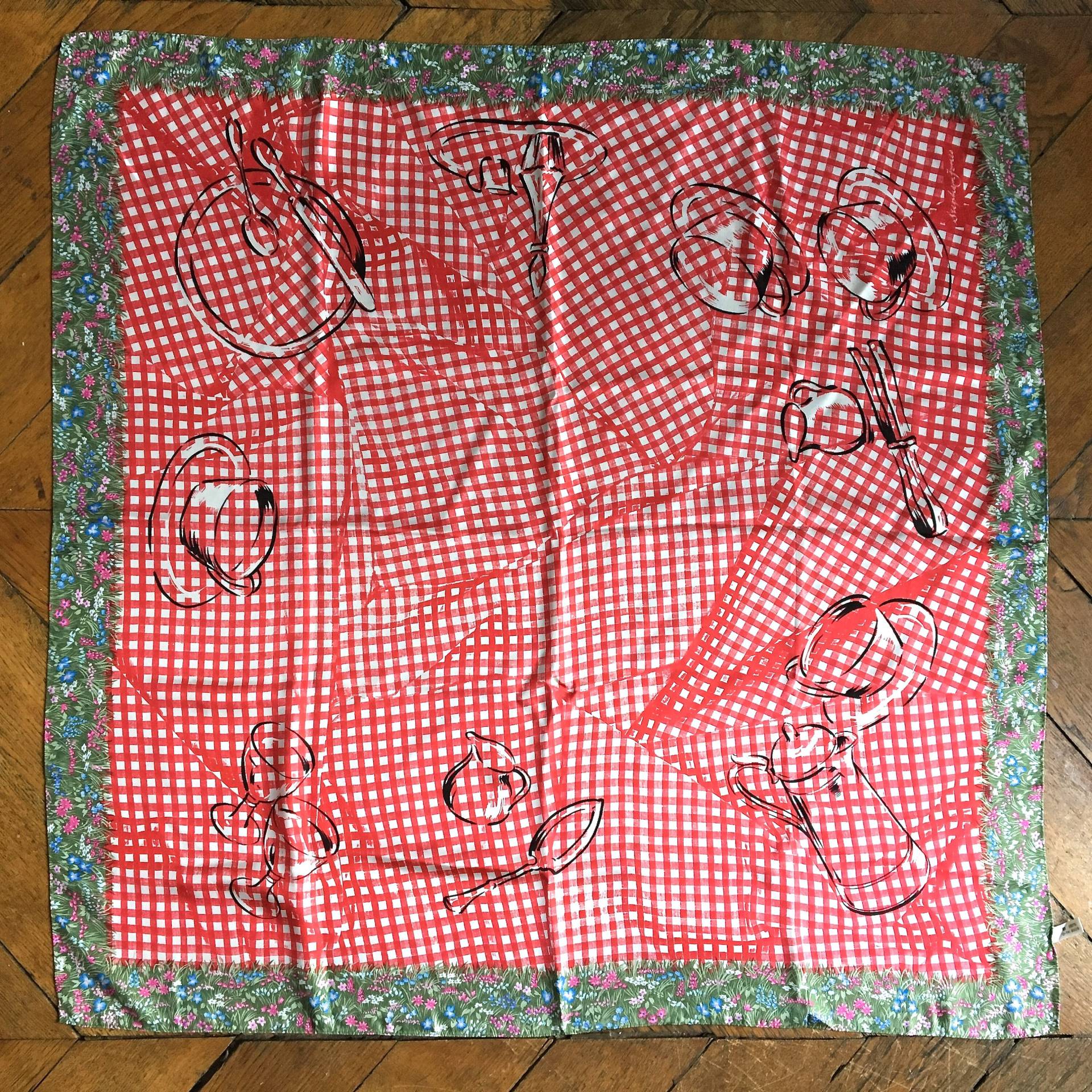stephen Jones Vintage Seidentuch Gingham Picnic Print, Florale Kanten stephen Jones Vintage Seidentuch Gingham Picnic Print, Florale Kanten von VintagestarParis