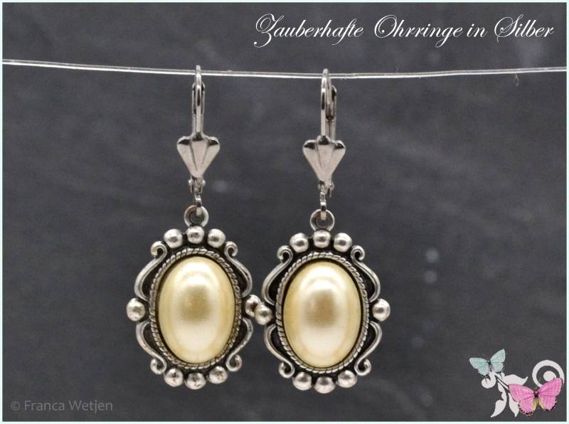 Edle Vintage Style Ohrhänger Silber Cremefarben Creme Glasstein Oval Ohrringe Jugendstil Art Deco Nostalgie Hochzeit Versilbert Hell Linse von VintagestyleEarrings