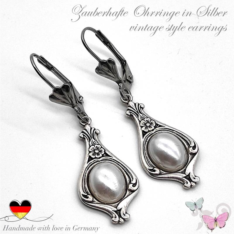 Ohrringe Jugendstil Hängend Silber Ohrhänger Cremeweiß Weiß Oval Art Deco Vintage Style Hochzeit Festlich Edel von VintagestyleEarrings