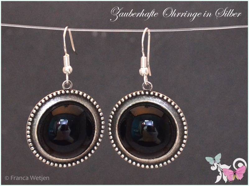 Elegante Funkelnde Ohrhänger Vintage Stil Schwarz Schlicht Glas Silber Rund 18mm Ohrringe Jugendstil Art Deco Gross Kreisförmig von VintagestyleEarrings