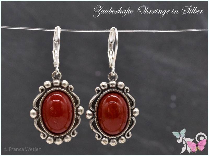 Elegante Vintage Silber Style Ohrhänger Glas Carneol Rot Rotbraun Oval Ohrringe Jugendstil Art Deco Nostalgie Versilbert Foliert Opak Linse von VintagestyleEarrings
