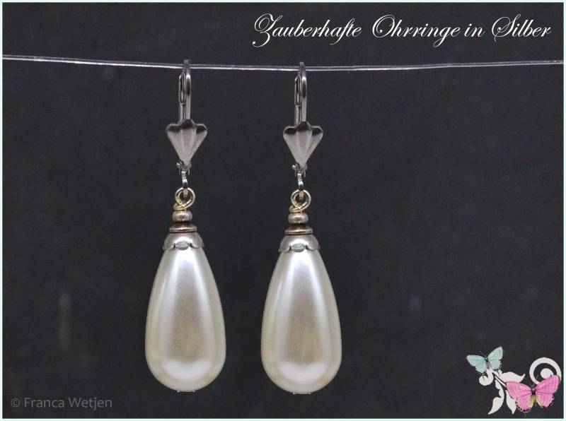 Elegante Vintage Stil Ohrhänger Tropfen Träne Glaswachs Perle Weiß Crème Silber Style Ohrringe Hochzeit Verschließbar Edelstahl von VintagestyleEarrings