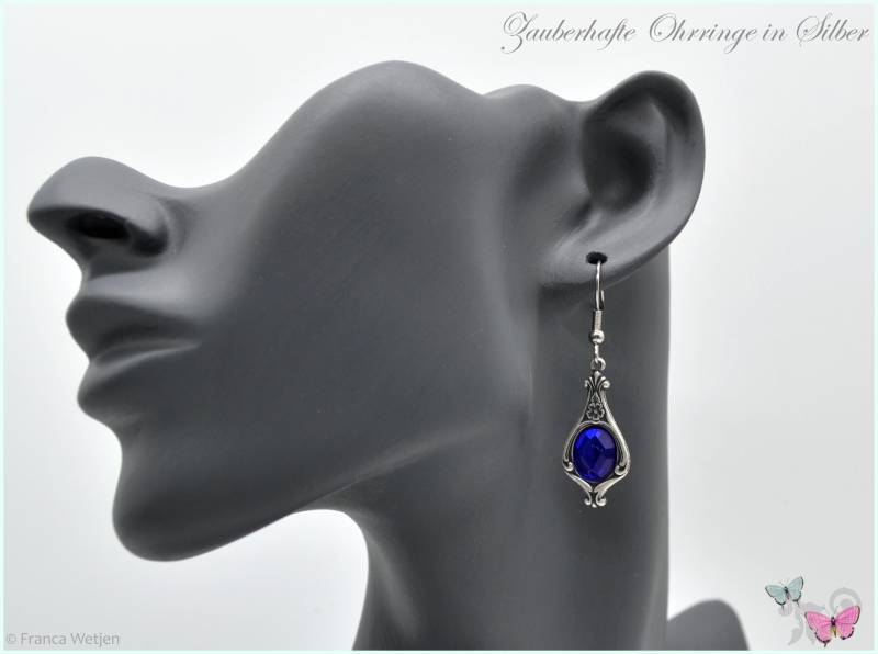 Funkelnde Vintage Style Ohrhänger Royalblau Blau Königsblau Glas Oval Ohrringe Silber Art Deco Nostalgie Lang Silberohrringe Edelstahl von VintagestyleEarrings