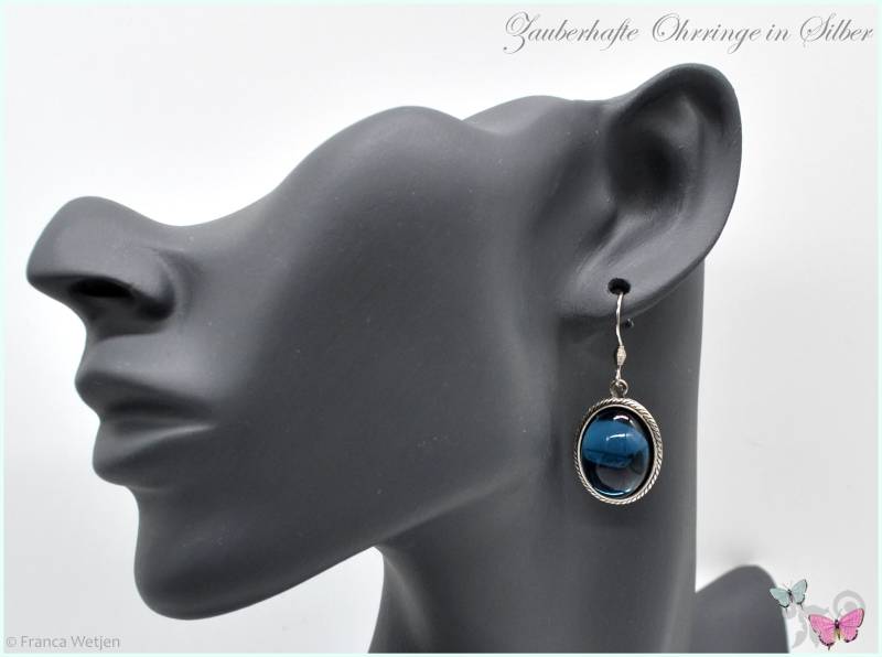 Ohrhänger Silber Vintage Style Navy Glas Nachtblau Dunkelblau Klar Oval Ohrringe Jugendstil Deco Nostalgie Gross Tiefblau Schlicht von VintagestyleEarrings