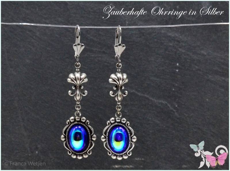 Silber Ohrringe Hängend Lang Ohrhänger Pfauenblau Oval von VintagestyleEarrings