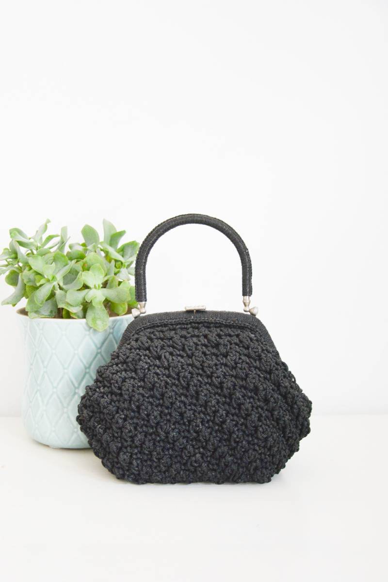 Dunkelblaue Makrameetasche, 50Er Jahre von VintageundRosenroth