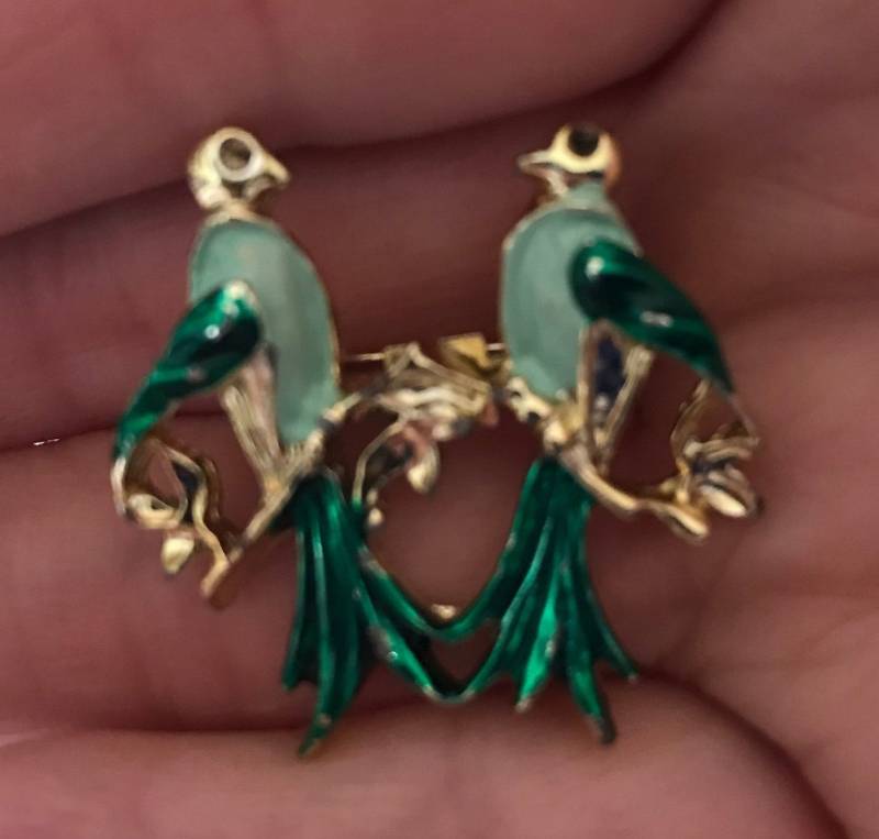 Vintage Gold Emaille Vogel Pin Brosche, Schmuck, Ton Pin, Goldvögel Blau Grün von VintagevaluablDesign