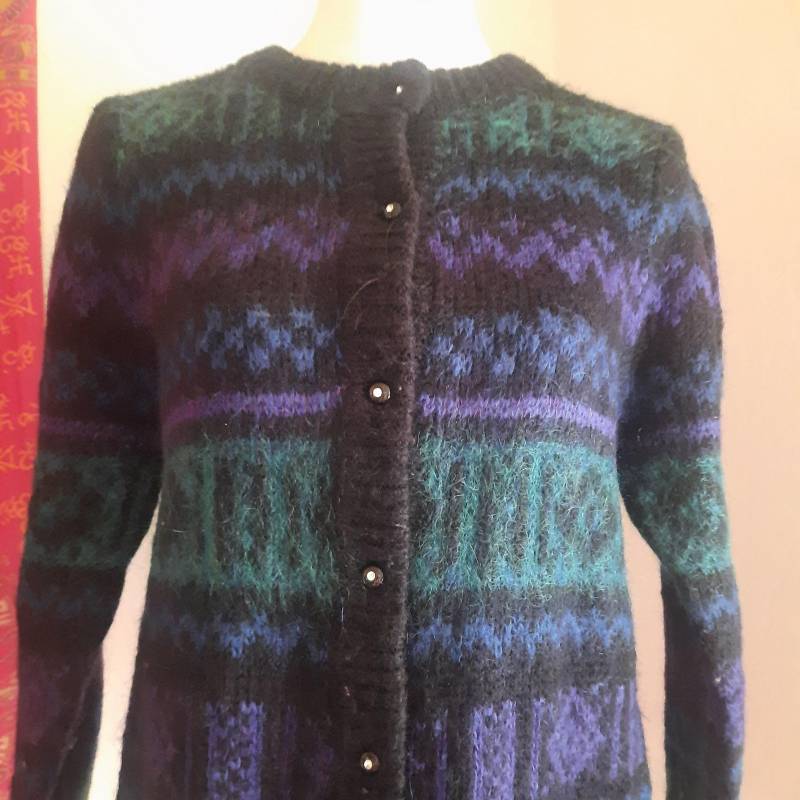 strickjackevintageblauschwarzsm von Vintagewunderwelt