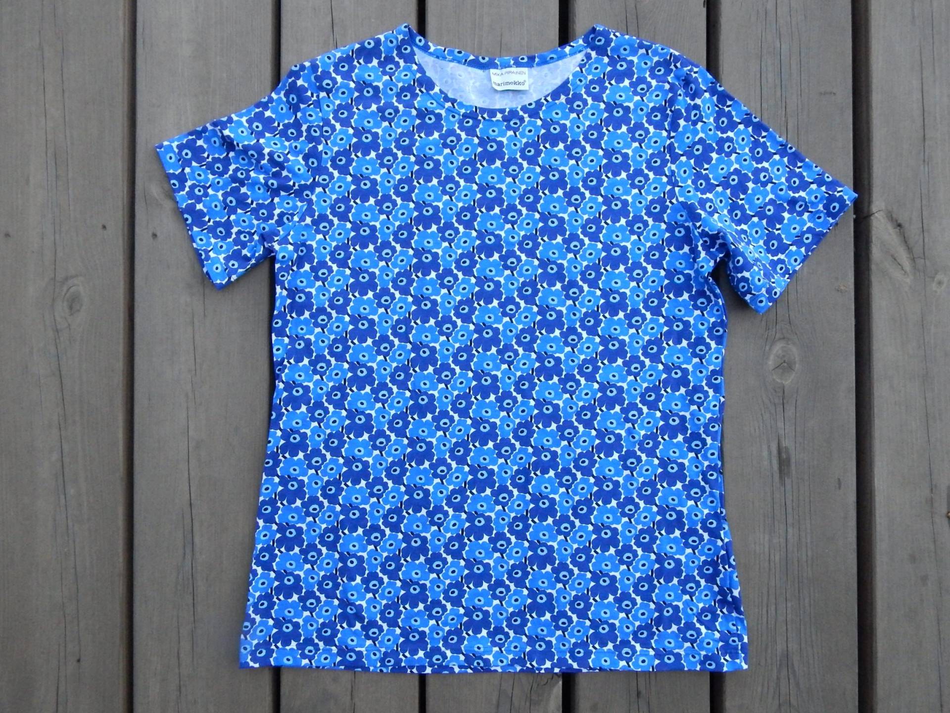 Marimekko Unikko T - Shirt Blau Weiß Damen Kurzarm 95% Baumwolle von Vintegelane