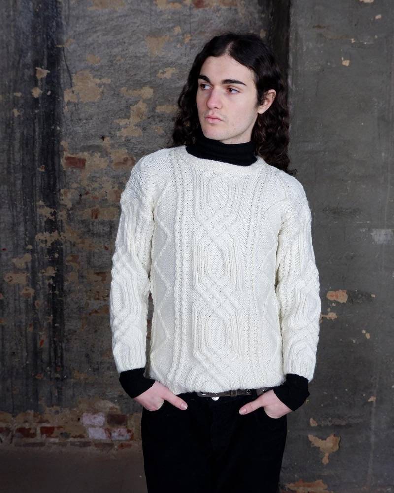 Vintage 80Er 90Er Handgestrickter Weißer Zopfmuster Pullover Größe M - L von VintiVintageStudio