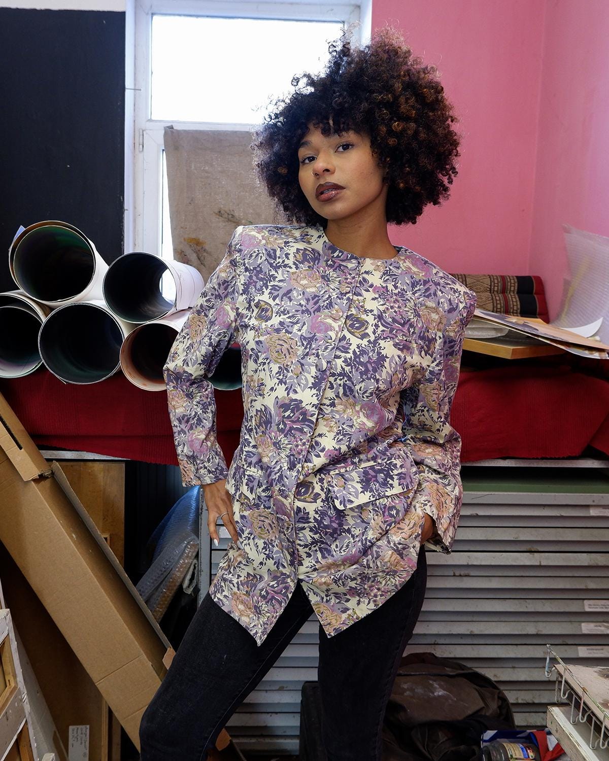 Vintage 80Er Jahre Geblümter Langer Baumwollblazer Mit Schulterpolstern | Dünn Größe M von VintiVintageStudio