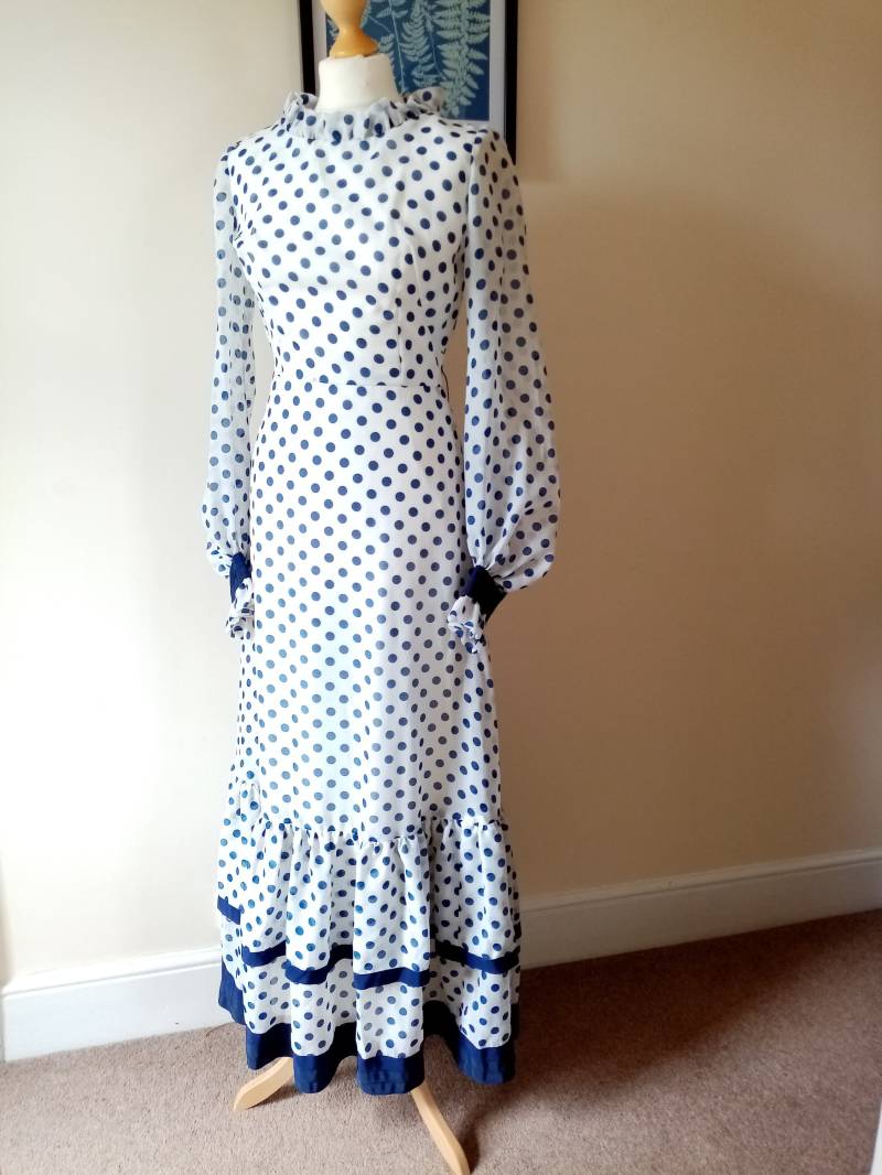 1960Er Peter Barron Polka Dot Blouson Rüschenkleid - Uk 8 Lagenkleid in Voller Länge/Puffärmelkleid Damen Vintage Abendkleider von VintologyUK