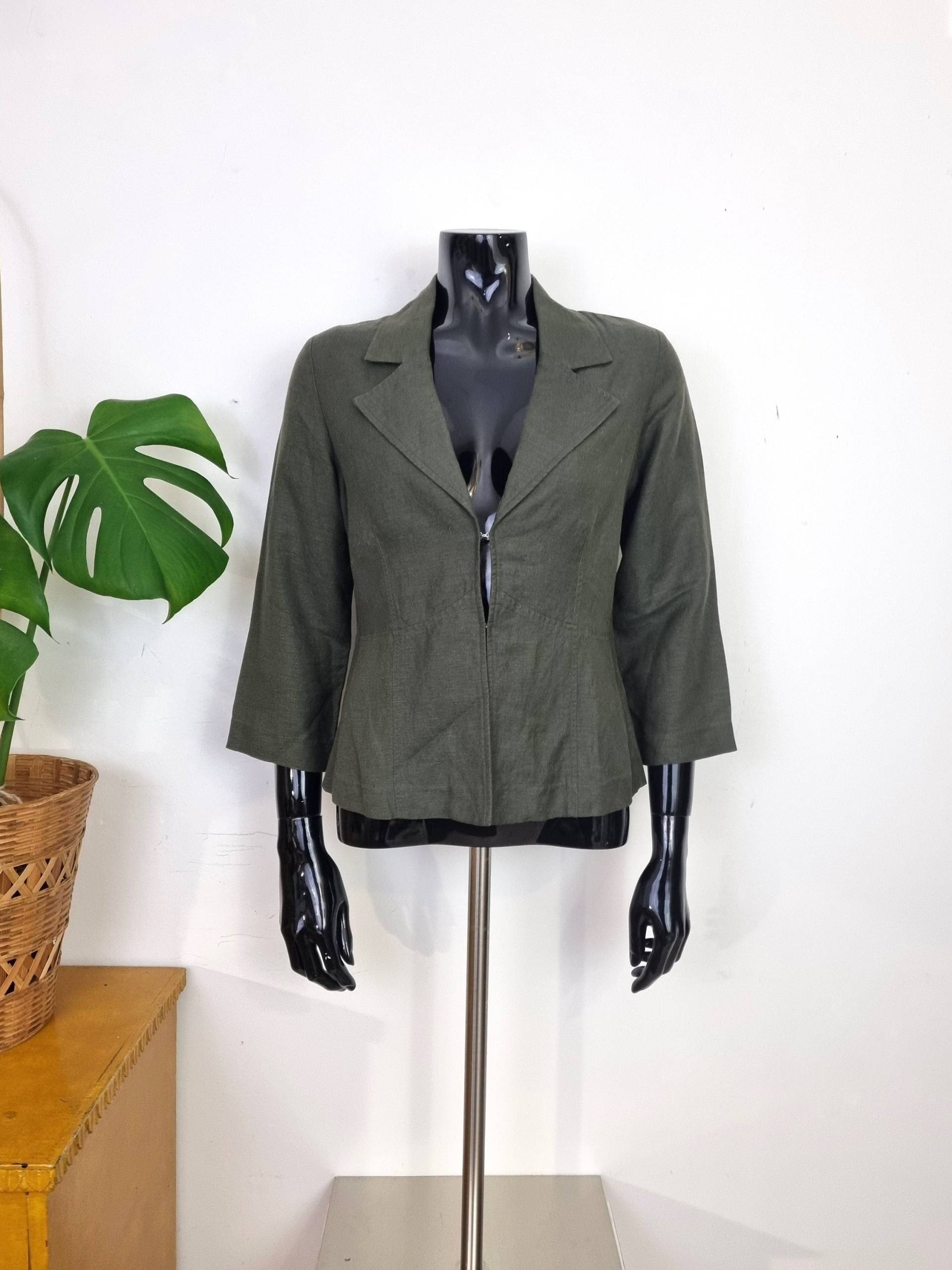 Vintage Damen Grünes Leinen Viskose Blazer Bluse/Kragen Shirt 90Er Y2K Minimalist Kleidung Martinelli von VinttiVintage