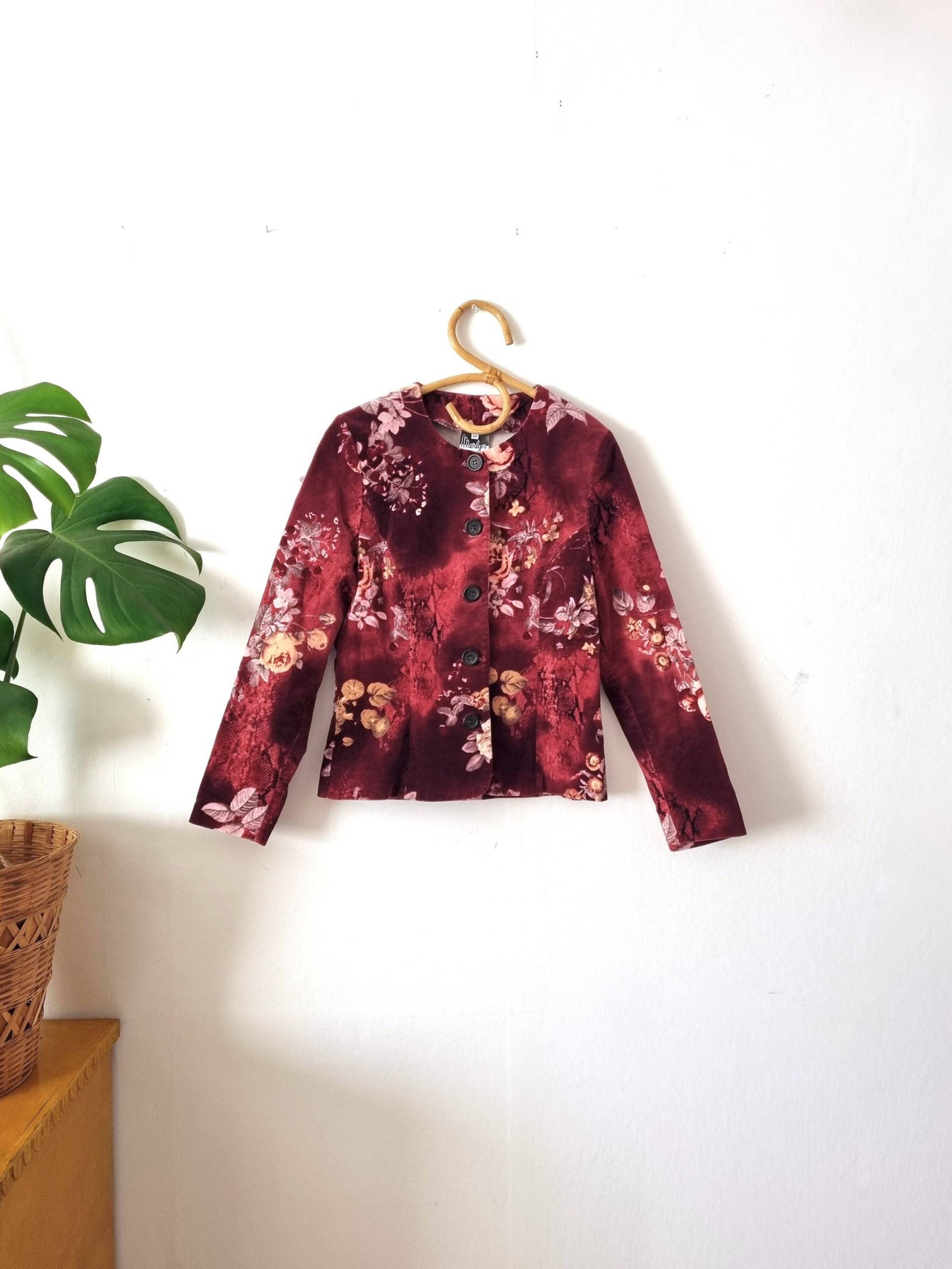 Vintage Damen Rot Floral Plüsch Blazer/Langarm Knöpfe Bluse Jacke 34 Xs Merlyn Finland von VinttiVintage