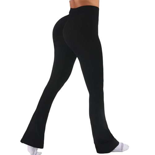 Vinuwu Yogahose Damen Flared High Waist Schlaghose Invisible Scrunch Butt Leggings Push Up Yoga Hose Gym Leggings (DE/NL/SE/PL, Alphanumerisch, M, Regular, Regular, Schwarz) von Vinuwu