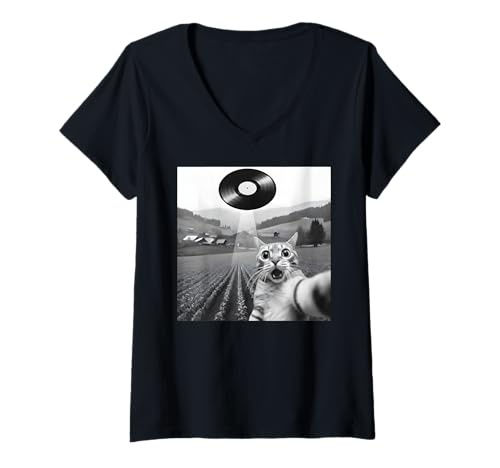 Damen Cat Selfie UFO Beam Schallplatte Alien-Entführungsszene T-Shirt mit V-Ausschnitt von Vinyl Record Cat UFO Alien Retro Music Turntable