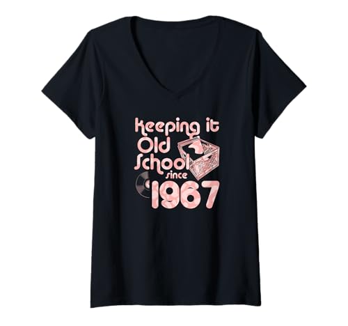 Damen Keeping It Old School Since 1967 Year Box of Vinyl Records T-Shirt mit V-Ausschnitt von Vinyl Record Collecting Girl Birthday Party Supply