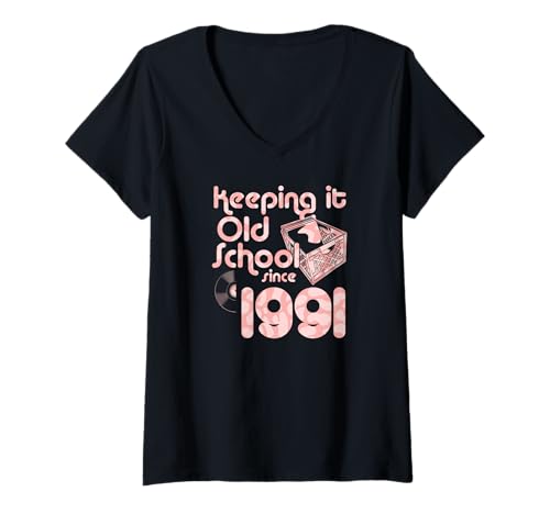 Damen Keeping It Old School Since 1991 Year Box of Vinyl Records T-Shirt mit V-Ausschnitt von Vinyl Record Collecting Girl Birthday Party Supply