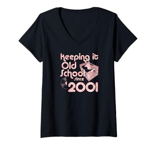 Damen Keeping It Old School Since 2001 Year Box of Vinyl Records T-Shirt mit V-Ausschnitt von Vinyl Record Collecting Girl Birthday Party Supply