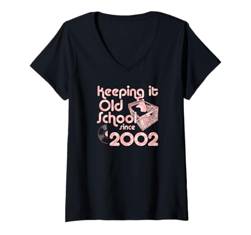 Damen Keeping It Old School Since 2002 Year Box of Vinyl Records T-Shirt mit V-Ausschnitt von Vinyl Record Collecting Girl Birthday Party Supply