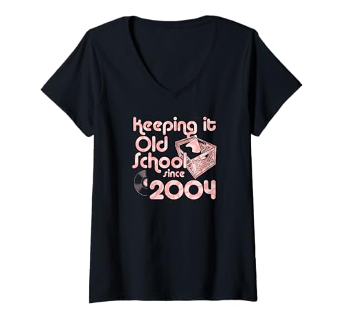 Damen Keeping It Old School Since 2004 Year Box of Vinyl Records T-Shirt mit V-Ausschnitt von Vinyl Record Collecting Girl Birthday Party Supply