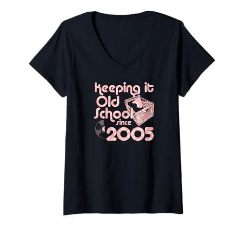 Damen Keeping It Old School Since 2005 Year Box of Vinyl Records T-Shirt mit V-Ausschnitt von Vinyl Record Collecting Girl Birthday Party Supply