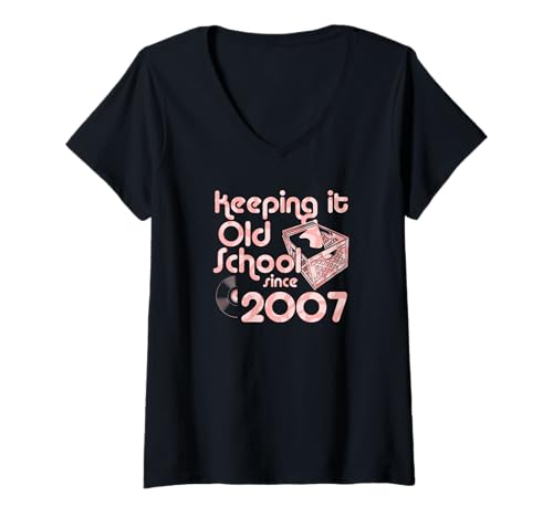 Damen Keeping It Old School Since 2007 Year Box of Vinyl Records T-Shirt mit V-Ausschnitt von Vinyl Record Collecting Girl Birthday Party Supply