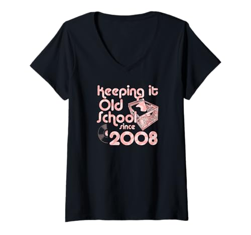 Damen Keeping It Old School Since 2008 Year Box of Vinyl Records T-Shirt mit V-Ausschnitt von Vinyl Record Collecting Girl Birthday Party Supply