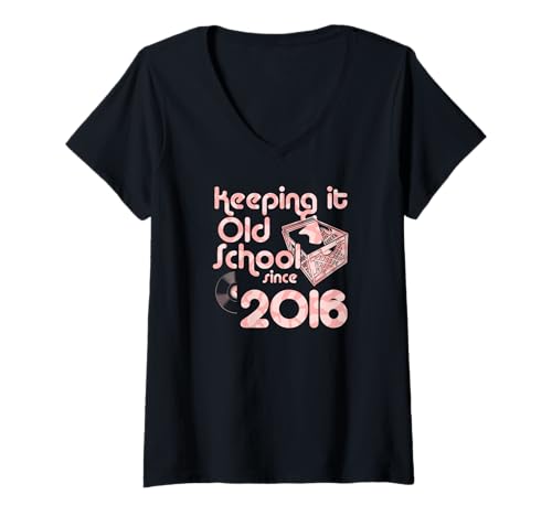 Damen Keeping It Old School Since 2016 Year Box of Vinyl Records T-Shirt mit V-Ausschnitt von Vinyl Record Collecting Girl Birthday Party Supply