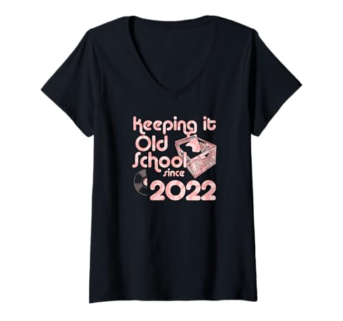 Damen Keeping It Old School Since 2022 Year Box of Vinyl Records T-Shirt mit V-Ausschnitt von Vinyl Record Collecting Girl Birthday Party Supply