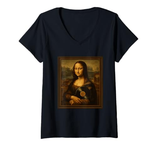 Damen Schallplatte Mona Lisa Art Retro Analog Musik T-Shirt mit V-Ausschnitt von Vinyl Record Retro Analog Music Collector Vibes