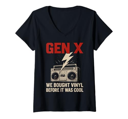 Damen Gen X We Bought Vinyl Before It Was Cool T-Shirt mit V-Ausschnitt von Vinyl Schallplatte Retro Boombox Gen X