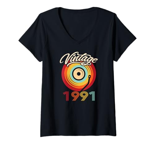 Damen Geburtstag Vinyl Vintage 1991 Retro Schallplatte LP T-Shirt mit V-Ausschnitt von Vinyl Vintage Retro Musik Schallplatte LP