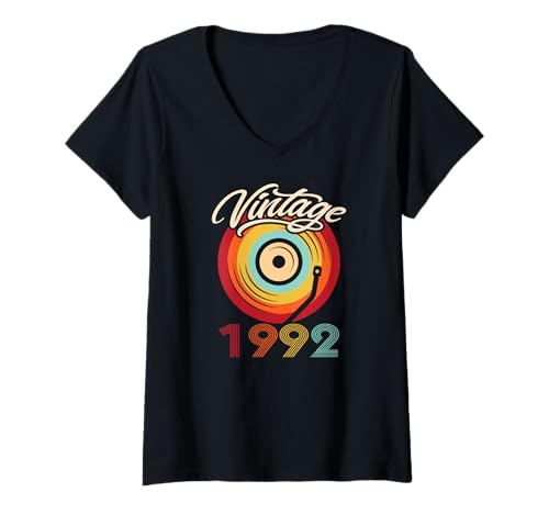 Damen Geburtstag Vinyl Vintage 1992 Retro Schallplatte LP T-Shirt mit V-Ausschnitt von Vinyl Vintage Retro Musik Schallplatte LP