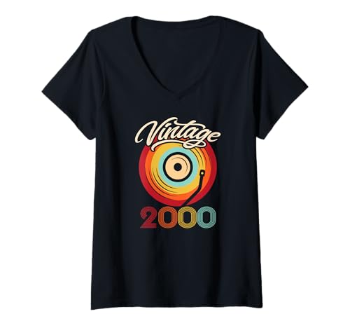 Damen Geburtstag Vinyl Vintage 2000 Retro Schallplatte LP T-Shirt mit V-Ausschnitt von Vinyl Vintage Retro Musik Schallplatte LP