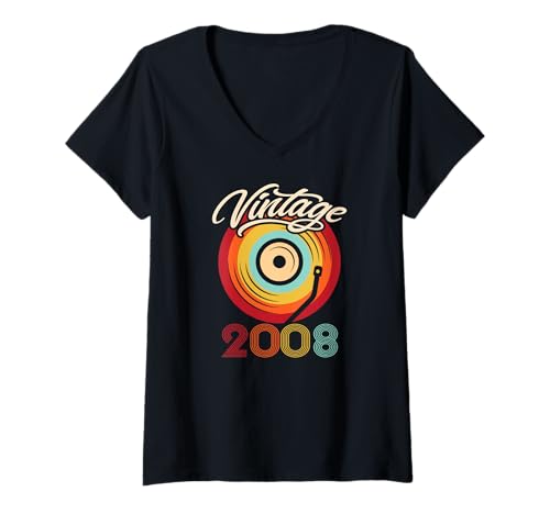 Damen Geburtstag Vinyl Vintage 2008 Retro Schallplatte LP T-Shirt mit V-Ausschnitt von Vinyl Vintage Retro Musik Schallplatte LP