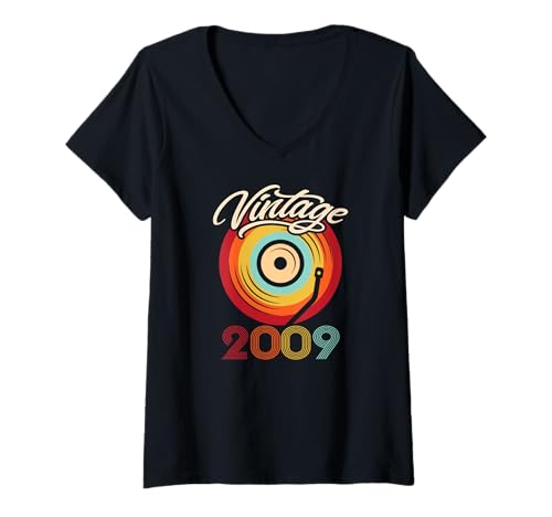 Damen Geburtstag Vinyl Vintage 2009 Retro Schallplatte LP T-Shirt mit V-Ausschnitt von Vinyl Vintage Retro Musik Schallplatte LP